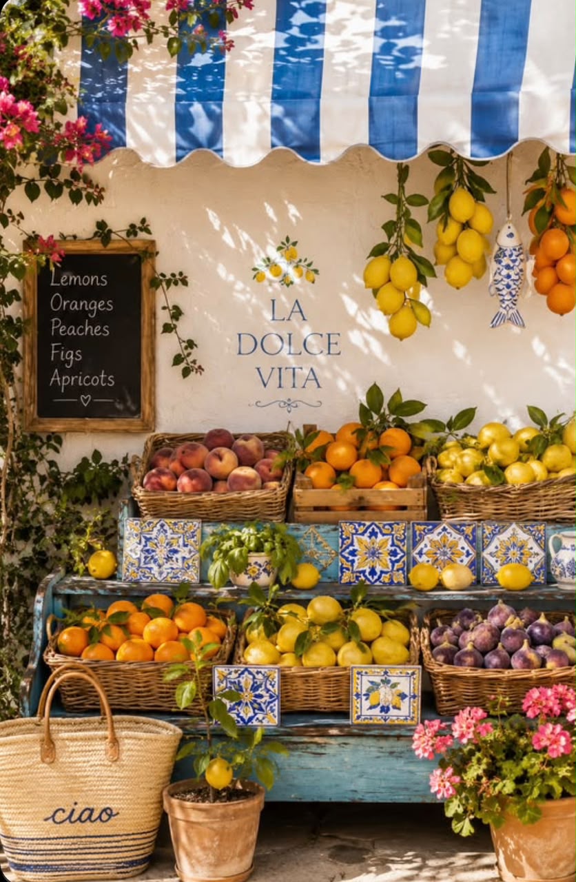 Étal de fruits sous un store rayé bleu et blanc, avec des paniers de citrons, d’oranges, de pêches et de figues, des carreaux de faïence et l’inscription La Dolce Vita au mur